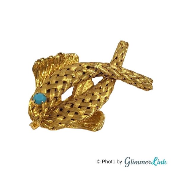 Vintage Modernist Fish Brooch – Woven Gold Tone Figural Pin Teal Rhinestone Eye - Picture 2 of 6